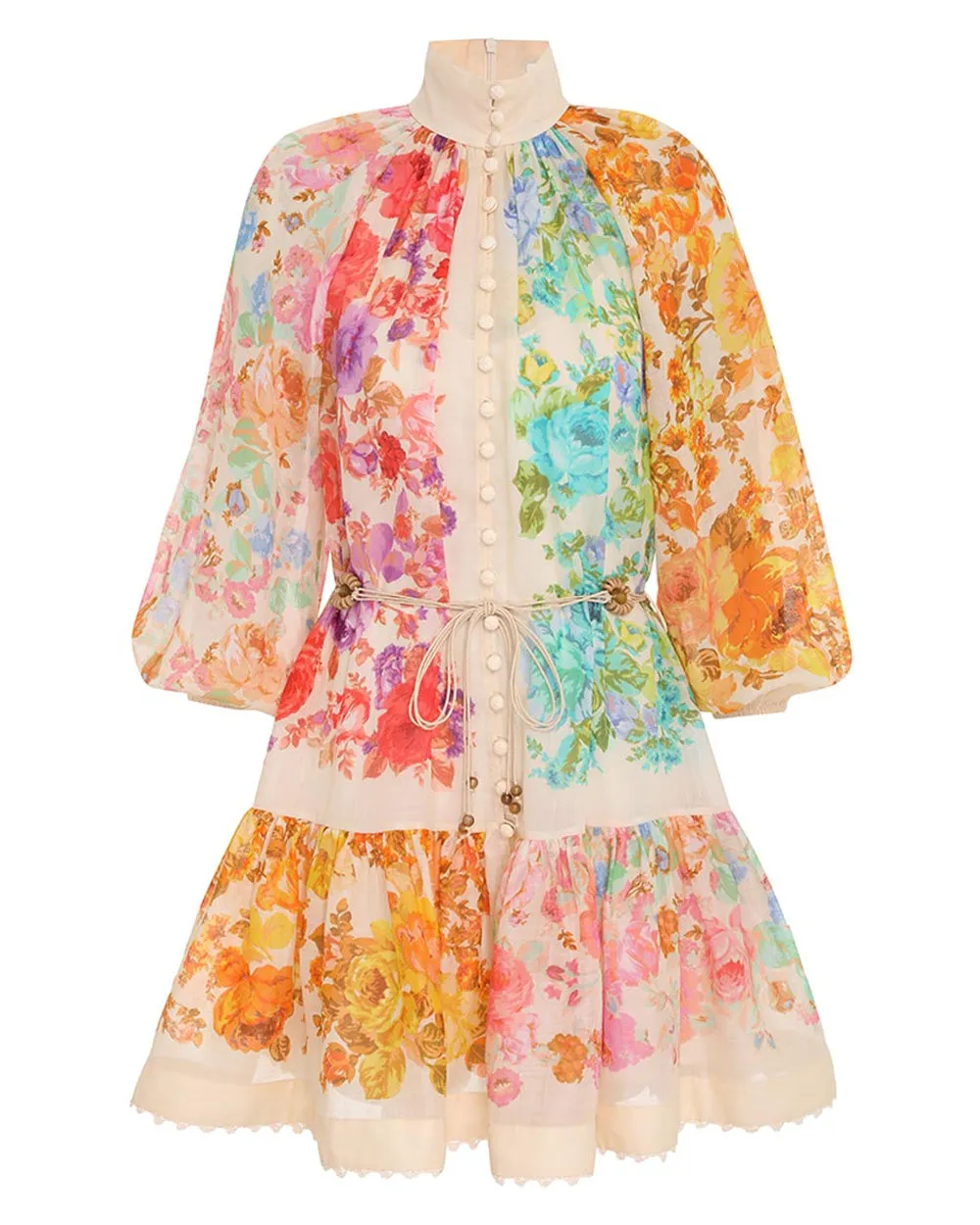 Multicolor Floral Raie Lantern Mini Dress