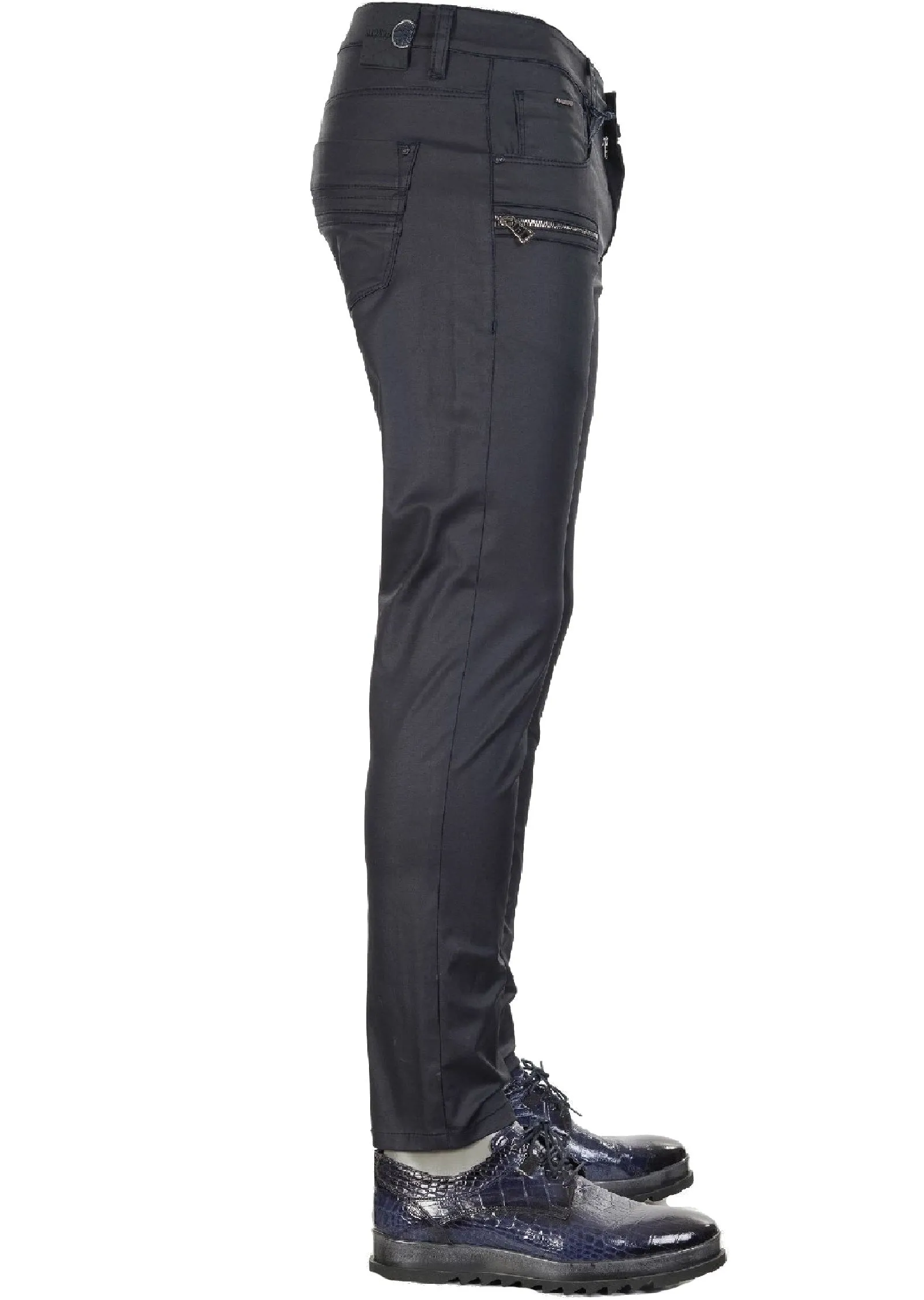 Navy Dual Front Zipper Waxed Pants