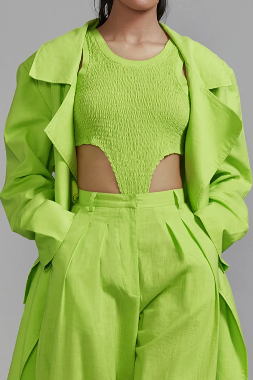 Neon Green Cotton Long Trench Jacket