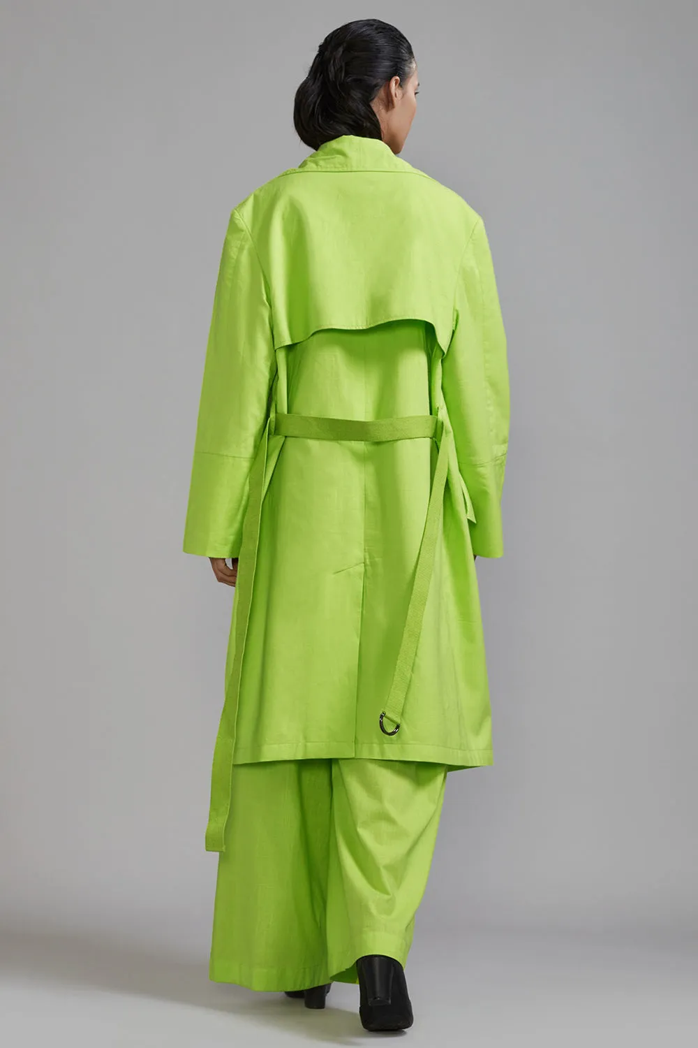 Neon Green Cotton Long Trench Jacket