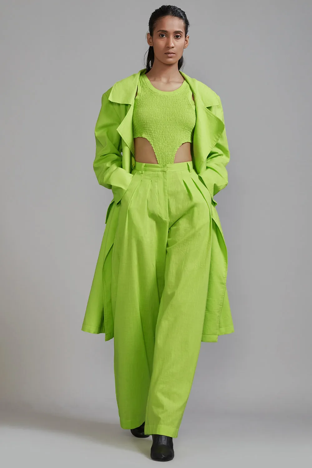 Neon Green Cotton Long Trench Jacket