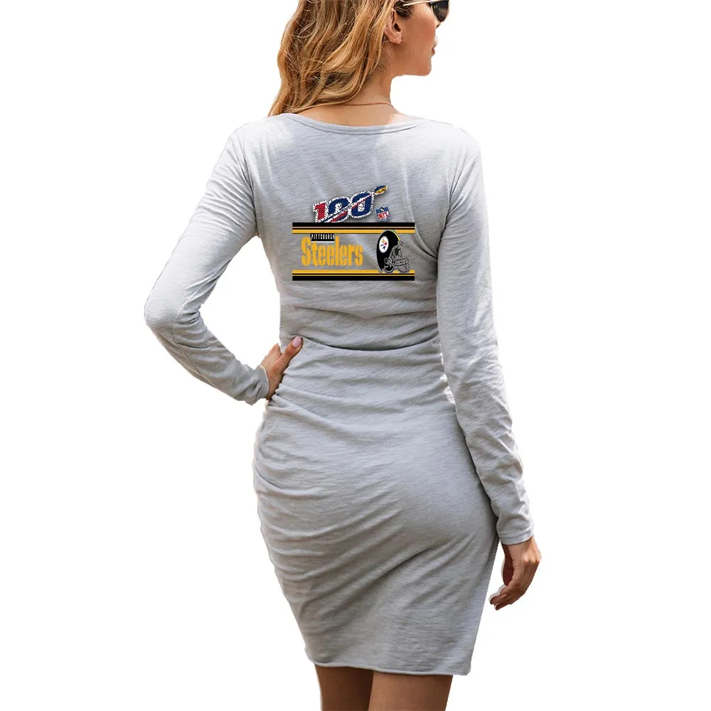 nfl 100 steelers Fan Dress Black| nfl Pittsburgh steelers Fan Women's Dress Mini Long Sleeve Gray