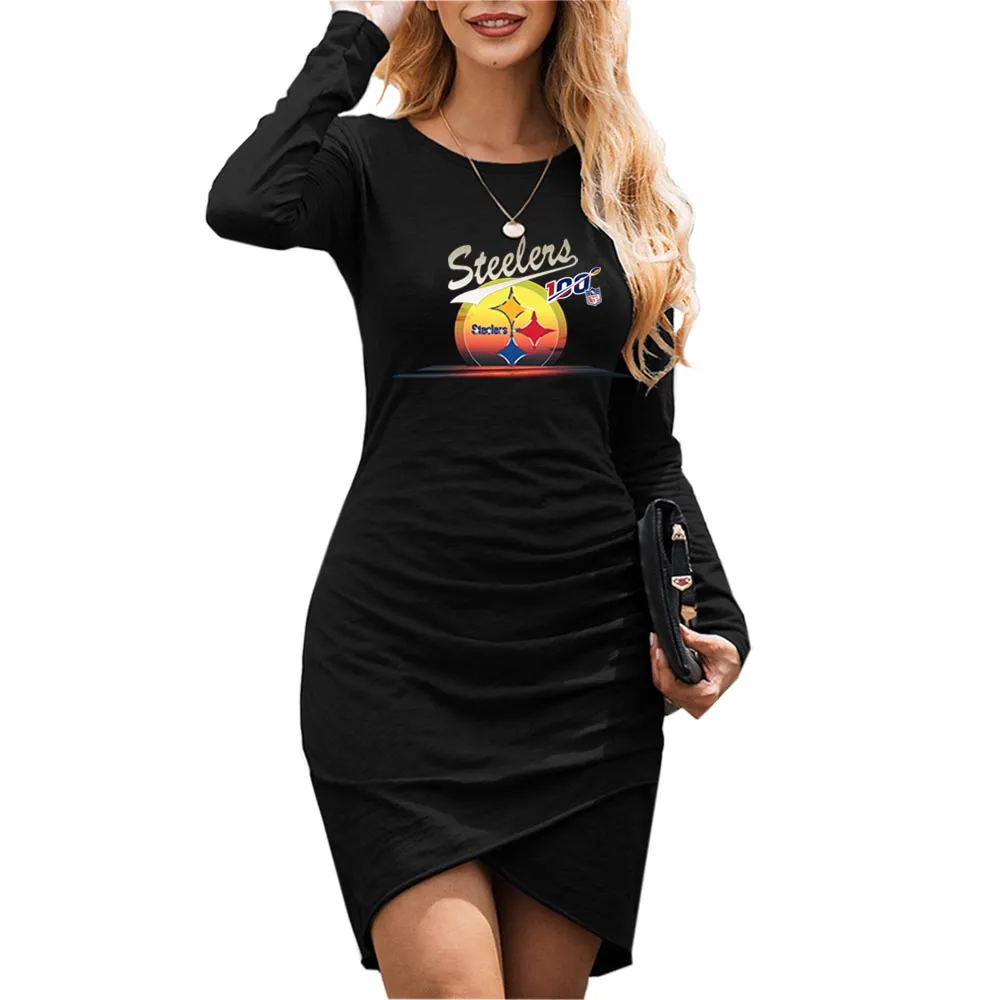 nfl 100 steelers Fan Dress Black| nfl Pittsburgh steelers Fan Women's Dress Mini Long Sleeve Gray