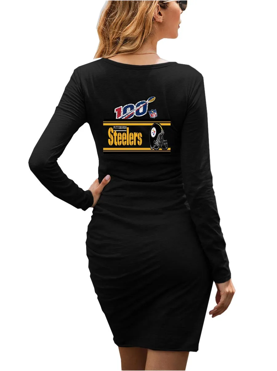 nfl 100 steelers Fan Dress Black| nfl Pittsburgh steelers Fan Women's Dress Mini Long Sleeve Gray