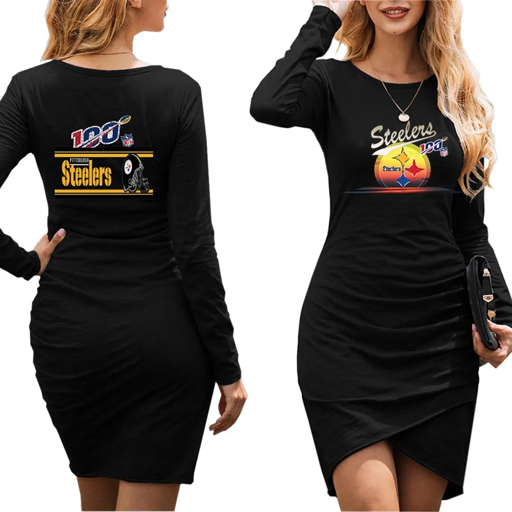 nfl 100 steelers Fan Dress Black| nfl Pittsburgh steelers Fan Women's Dress Mini Long Sleeve Gray