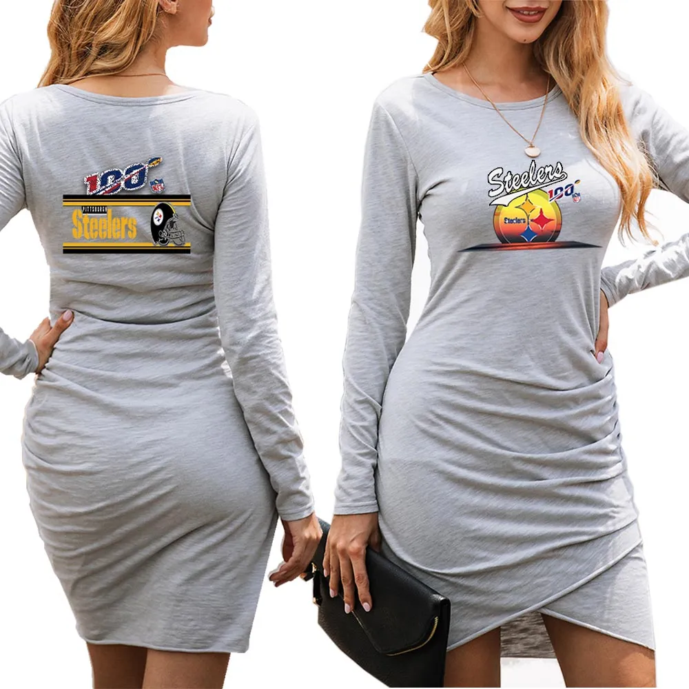 nfl 100 steelers Fan Dress Black| nfl Pittsburgh steelers Fan Women's Dress Mini Long Sleeve Gray