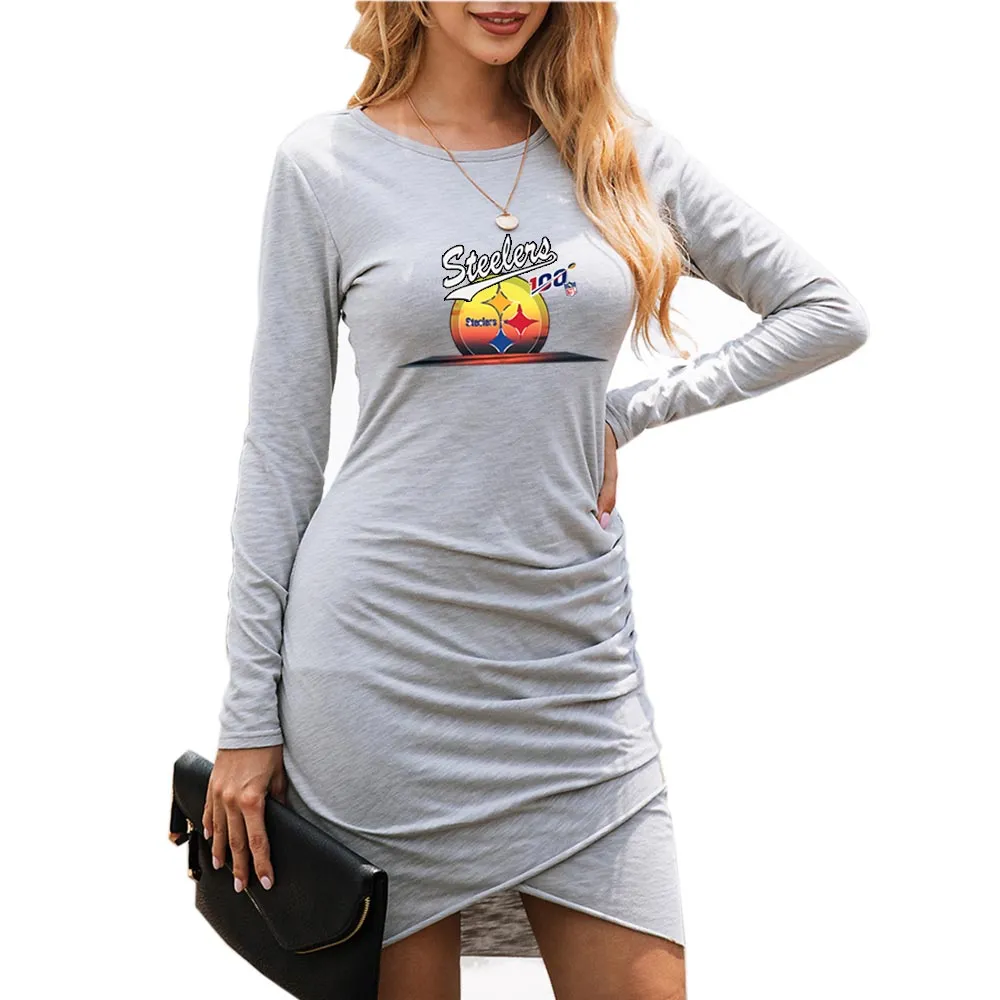 nfl 100 steelers Fan Dress Black| nfl Pittsburgh steelers Fan Women's Dress Mini Long Sleeve Gray