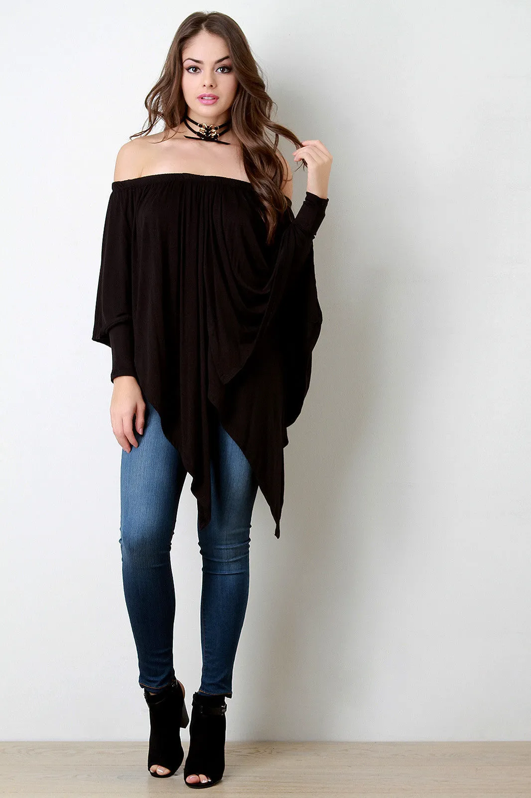 Off-The-Shoulder Draped Layer Long Sleeve Top