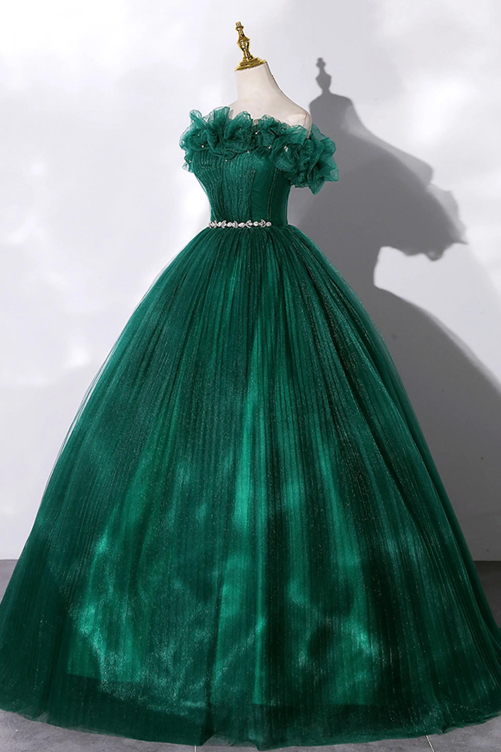 Off the Shoulder Tulle Long Prom Dress, Green A-Line Evening Graduation Dress