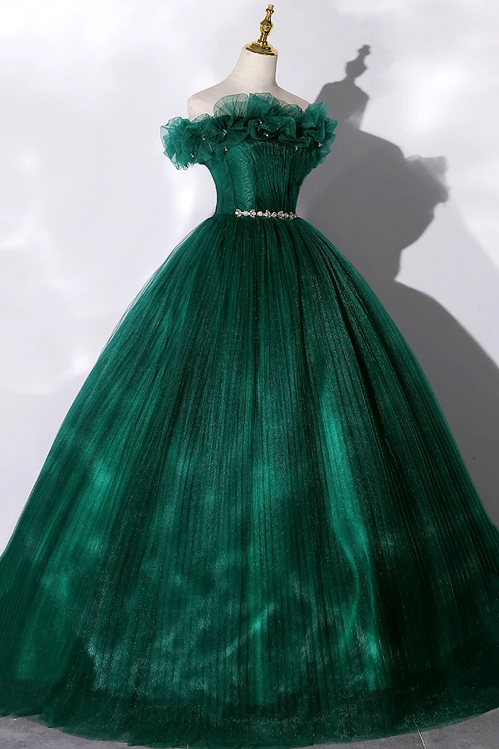 Off the Shoulder Tulle Long Prom Dress, Green A-Line Evening Graduation Dress