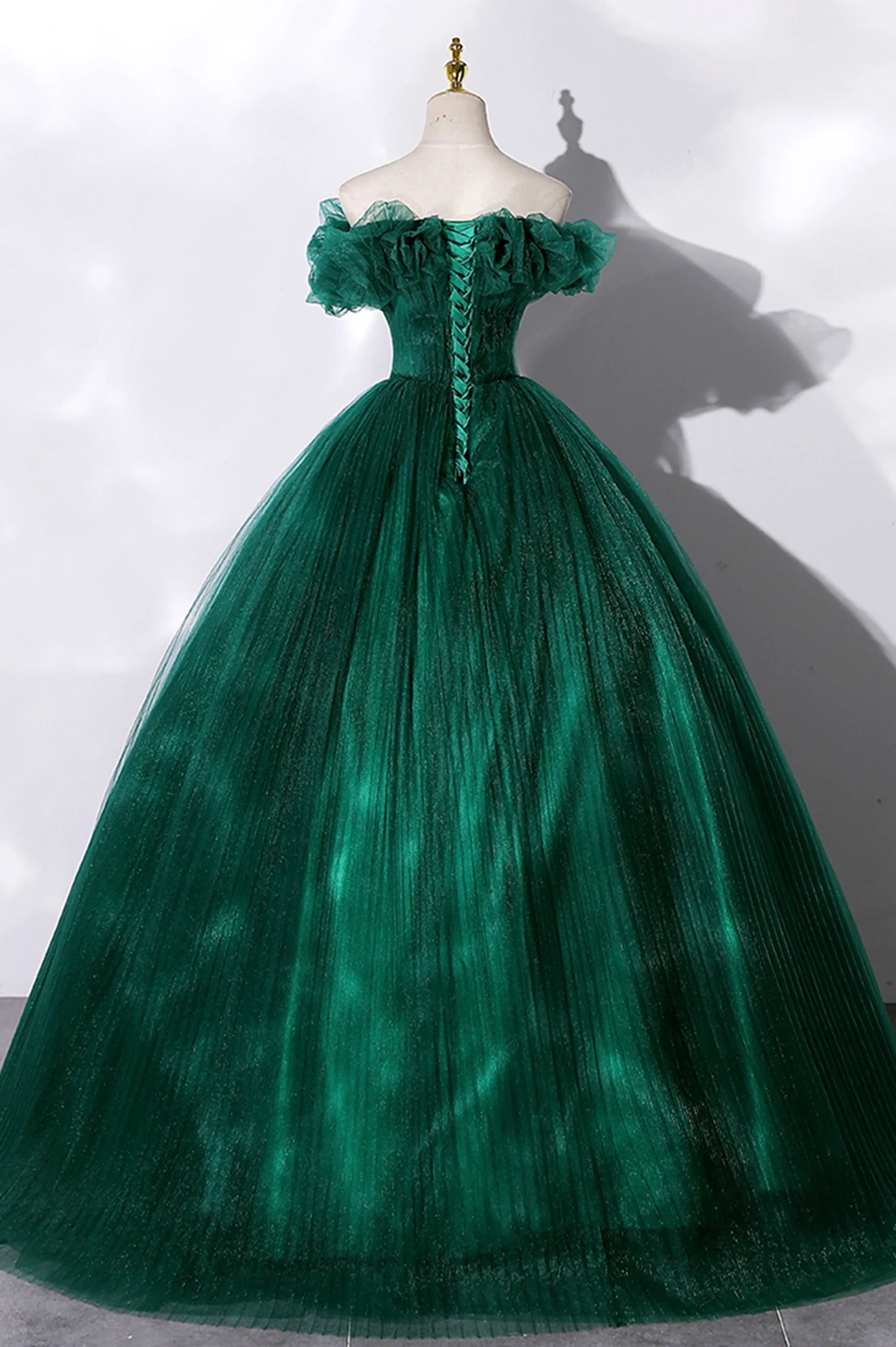 Off the Shoulder Tulle Long Prom Dress, Green A-Line Evening Graduation Dress