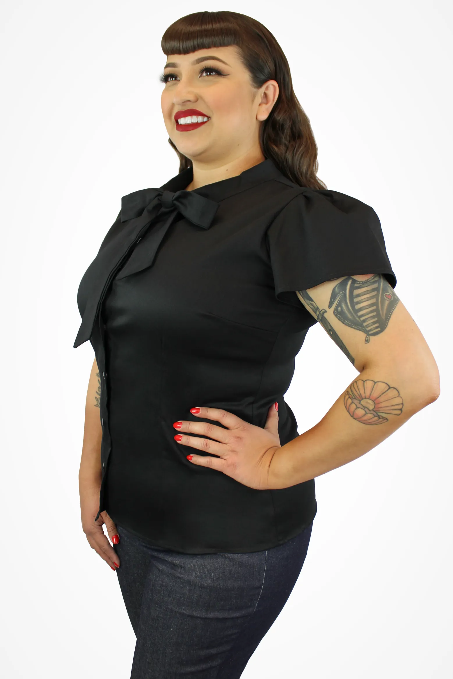 Pin Up Black Tie-Neck Top