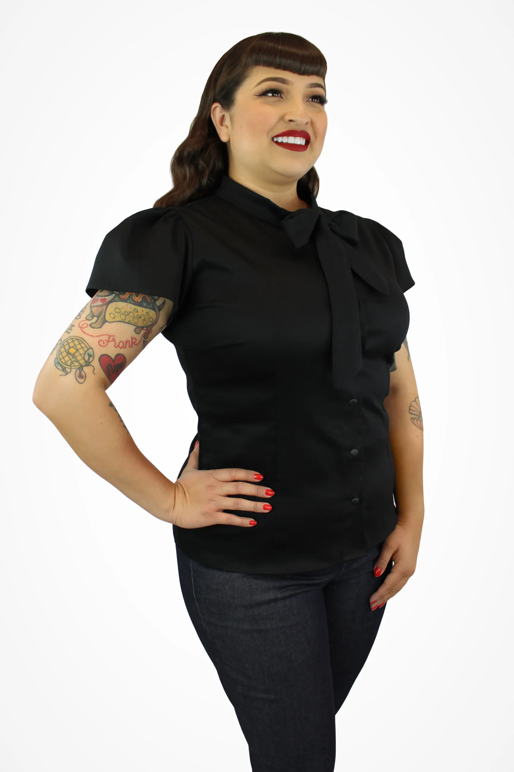 Pin Up Black Tie-Neck Top