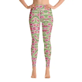 Red Floral Print Yoga Leggings, Flower Rose Printed Women's Long Gym Tights-Made in USA/EU/MX