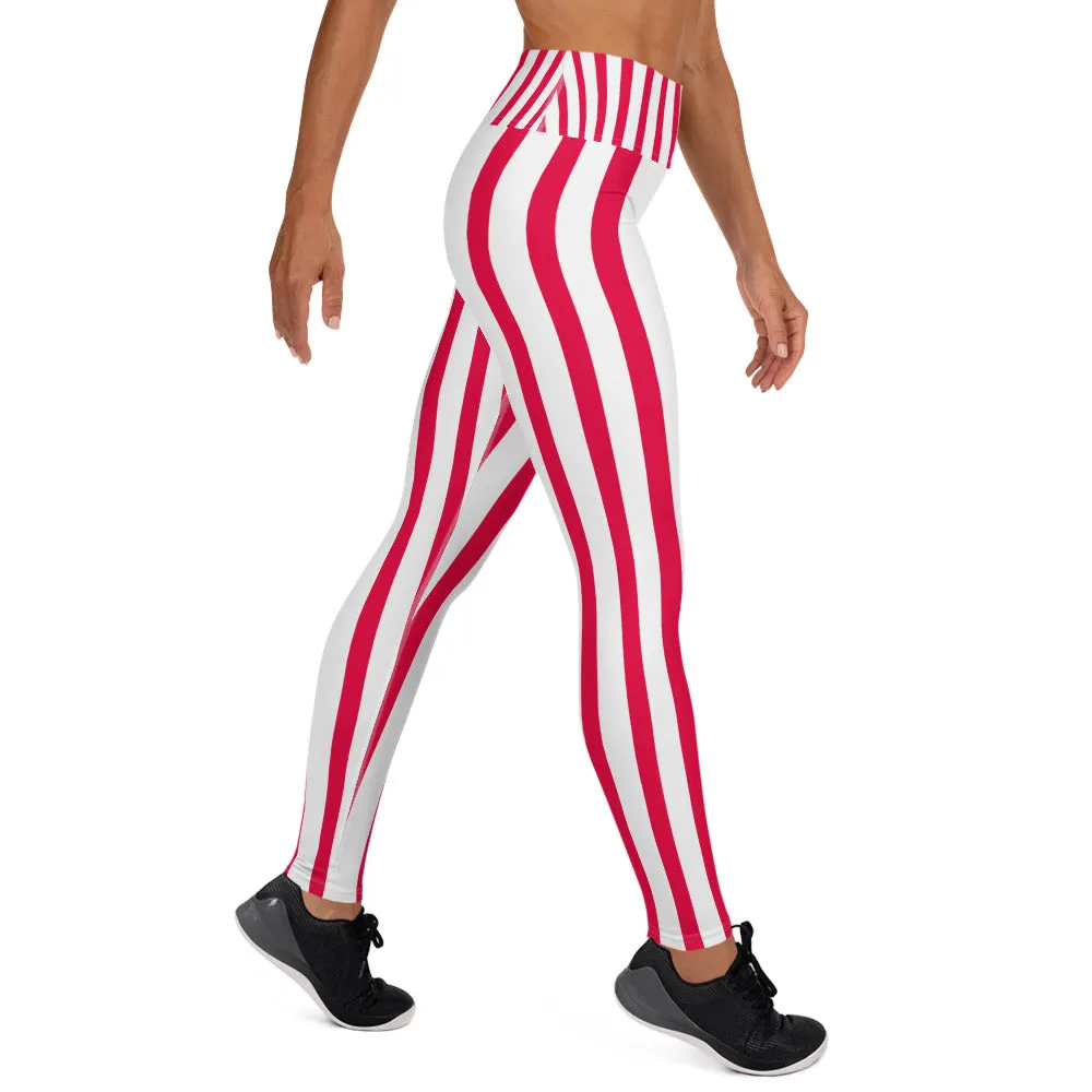 Red Striped Women's Leggings, White Active Wear Best Long Yoga Pants-Made in USA/EU