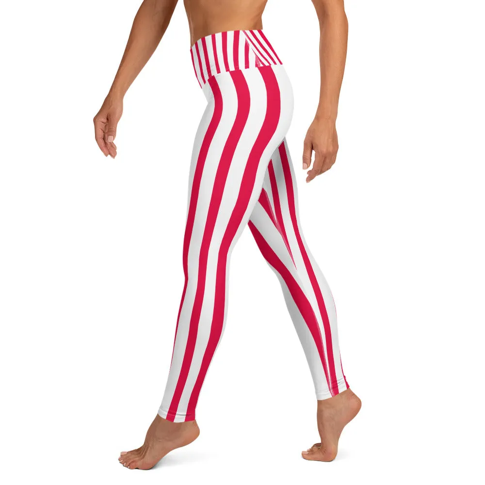 Red Striped Women's Leggings, White Active Wear Best Long Yoga Pants-Made in USA/EU