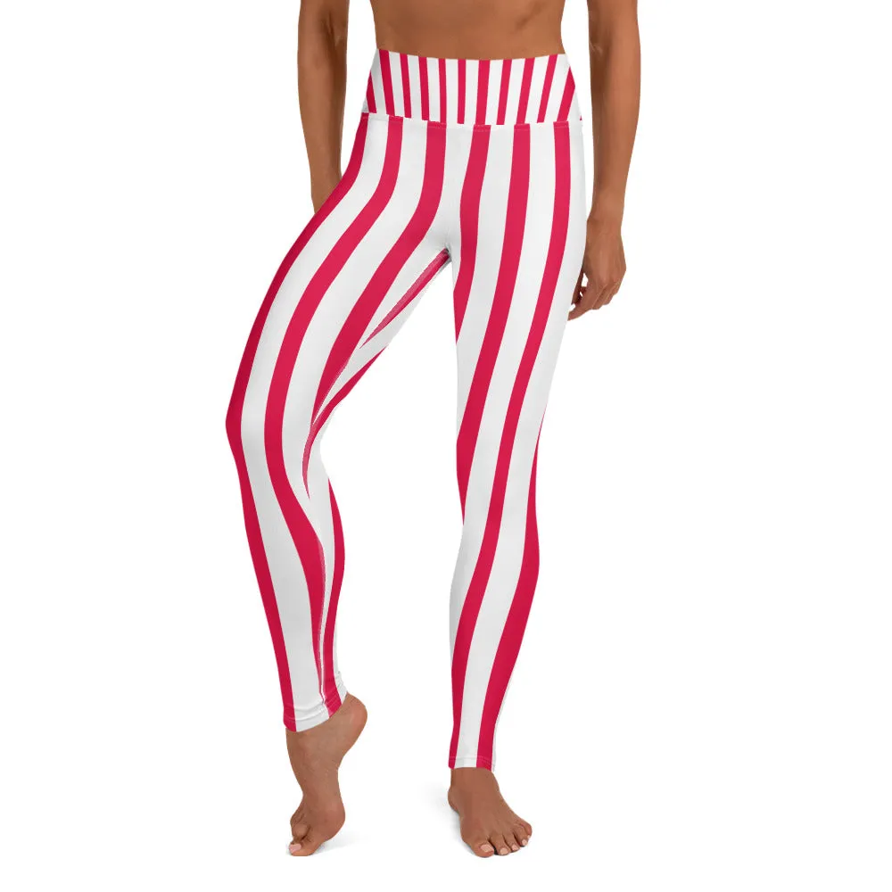 Red Striped Women's Leggings, White Active Wear Best Long Yoga Pants-Made in USA/EU