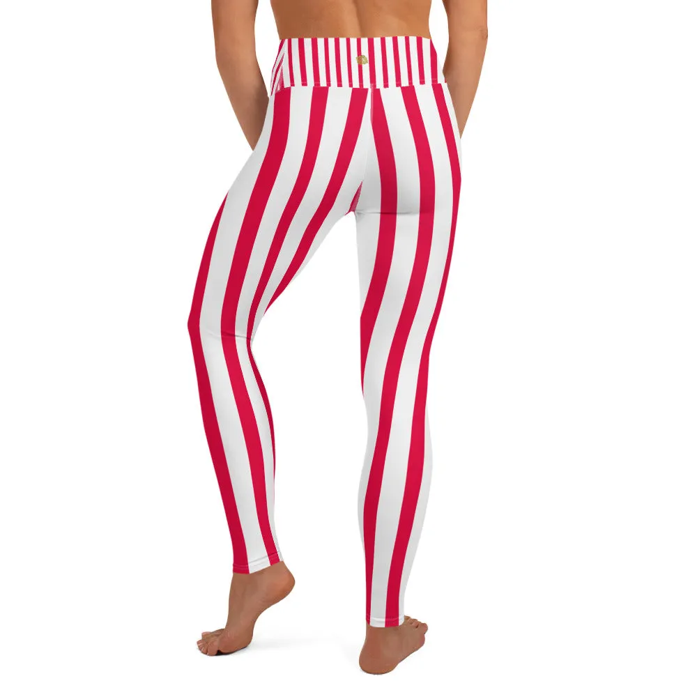 Red Striped Women's Leggings, White Active Wear Best Long Yoga Pants-Made in USA/EU