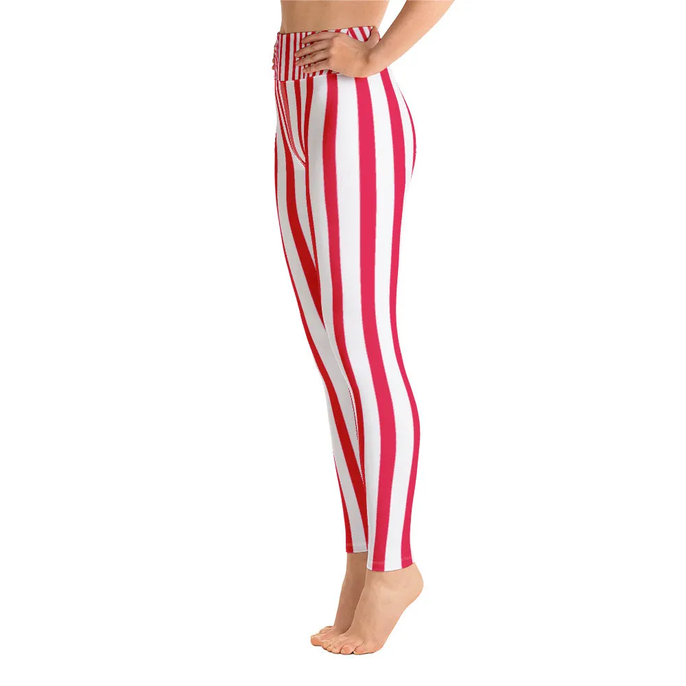 Red Striped Women's Leggings, White Active Wear Best Long Yoga Pants-Made in USA/EU