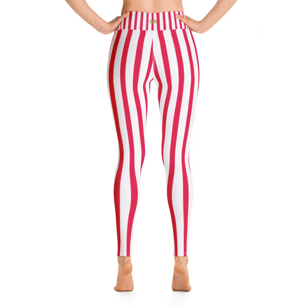 Red Striped Women's Leggings, White Active Wear Best Long Yoga Pants-Made in USA/EU