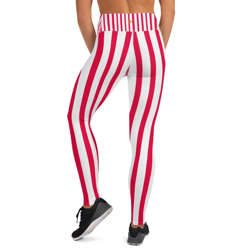 Red Striped Women's Leggings, White Active Wear Best Long Yoga Pants-Made in USA/EU