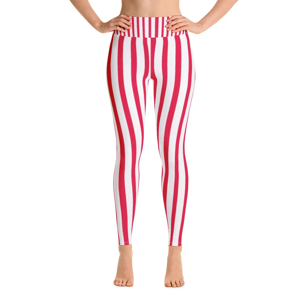 Red Striped Women's Leggings, White Active Wear Best Long Yoga Pants-Made in USA/EU