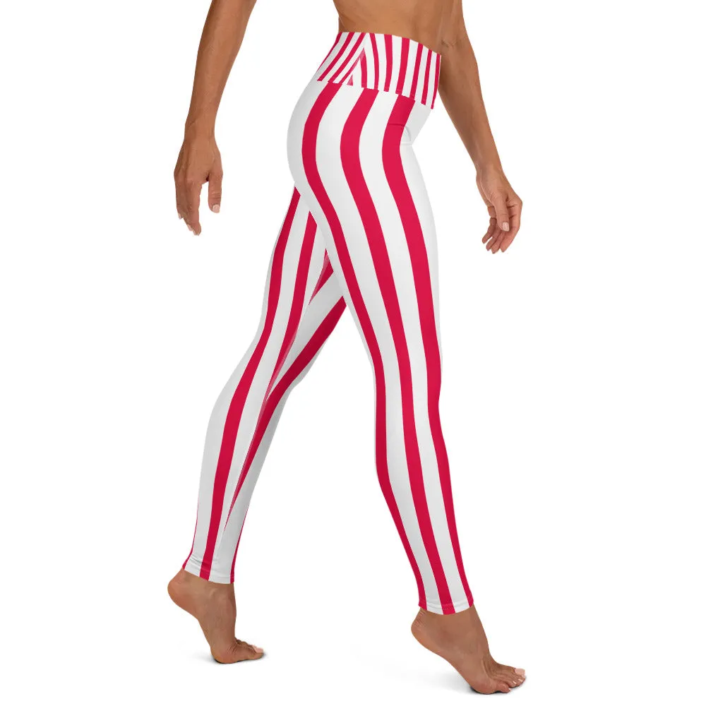 Red Striped Women's Leggings, White Active Wear Best Long Yoga Pants-Made in USA/EU