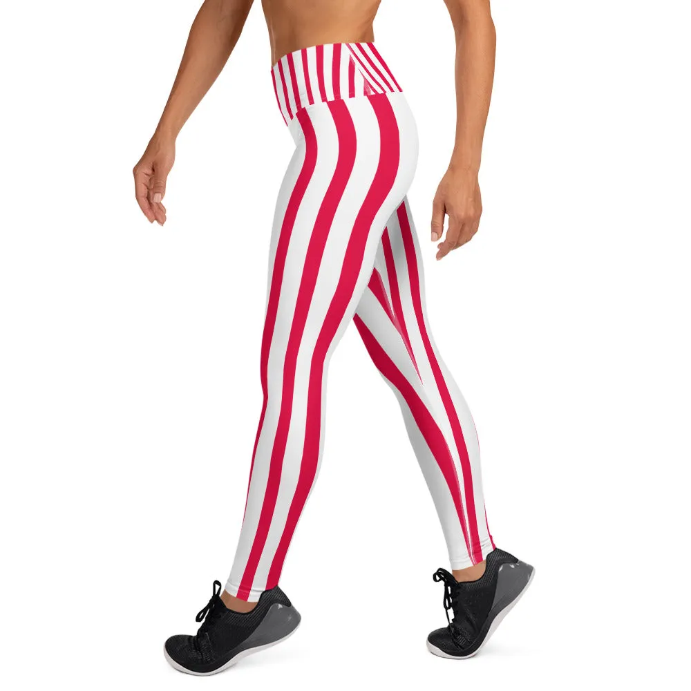 Red Striped Women's Leggings, White Active Wear Best Long Yoga Pants-Made in USA/EU