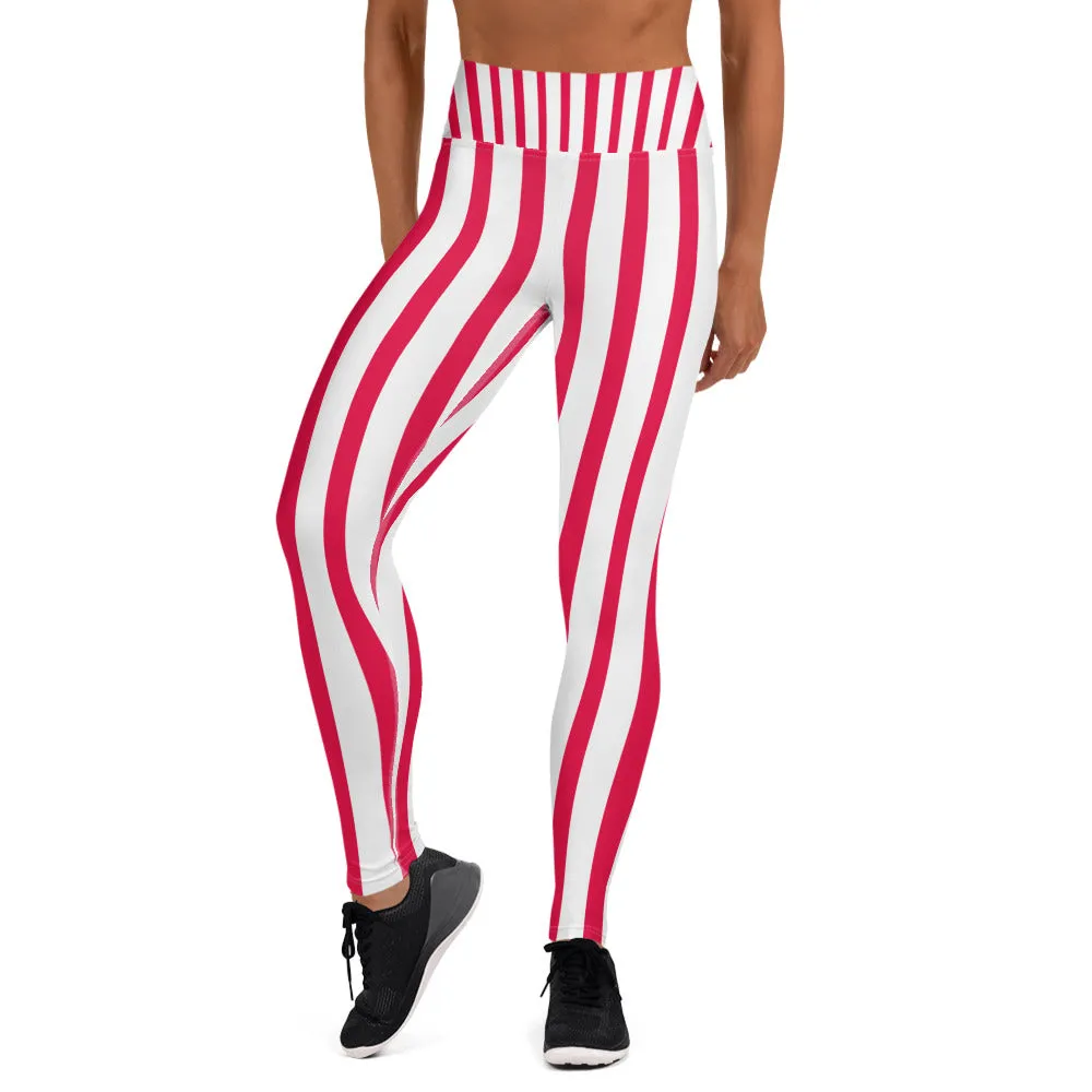 Red Striped Women's Leggings, White Active Wear Best Long Yoga Pants-Made in USA/EU