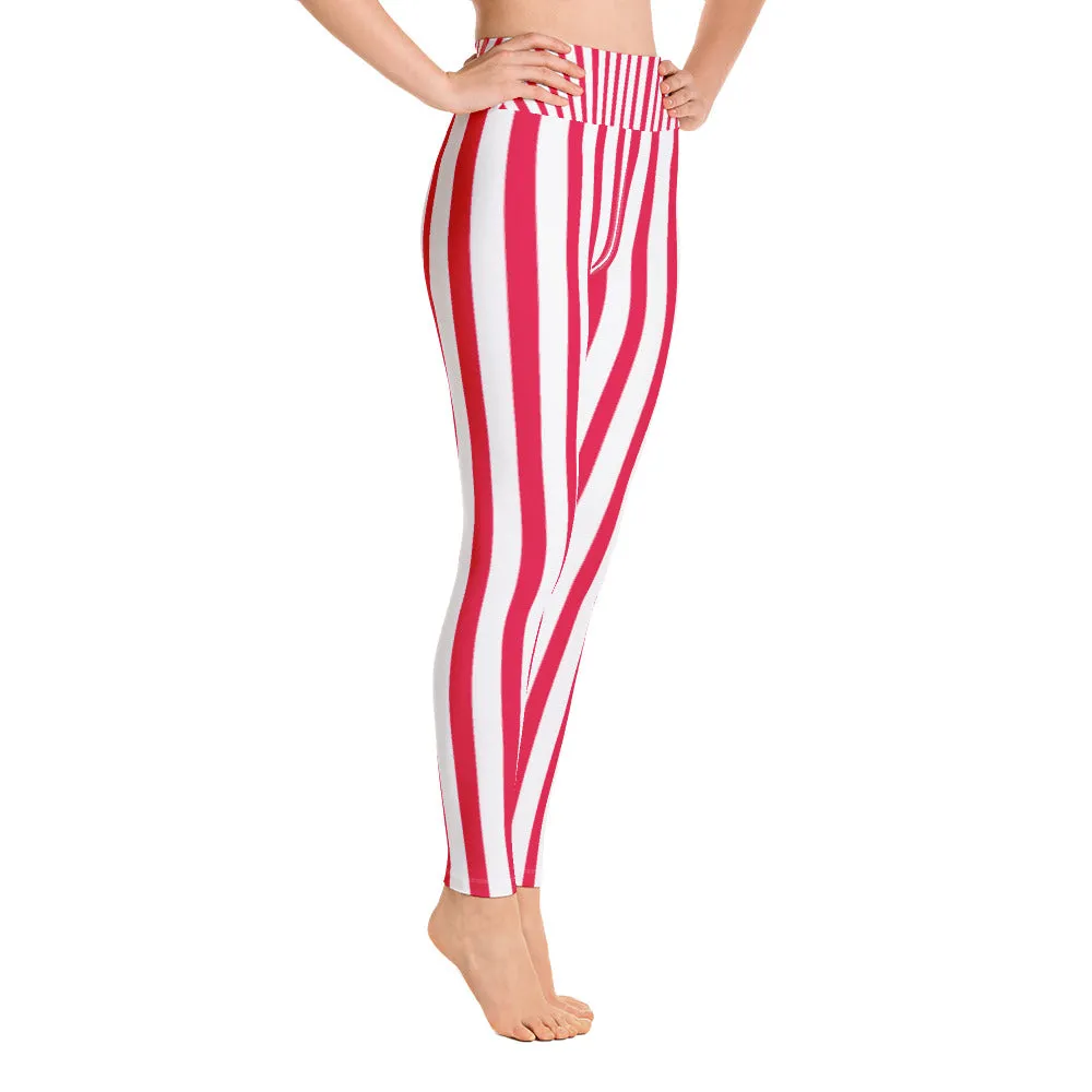 Red Striped Women's Leggings, White Active Wear Best Long Yoga Pants-Made in USA/EU