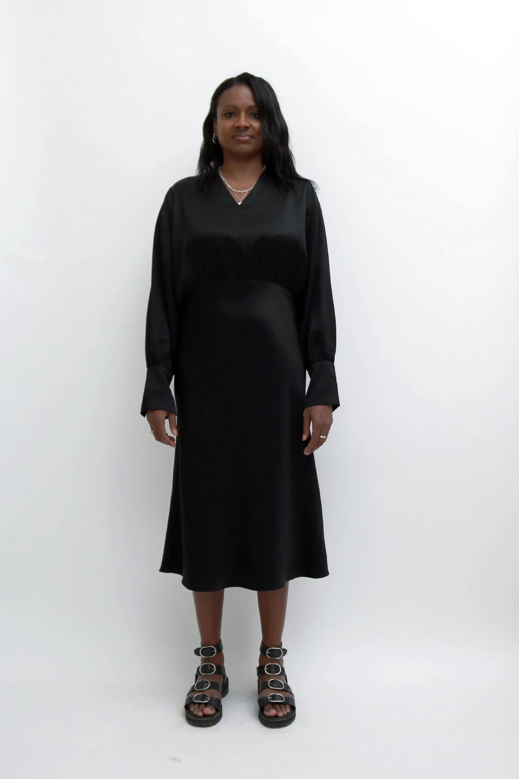 RENT: SAMSØE SAMSØE BLACK SATIN MIDI DRESS — from £32.25 per week