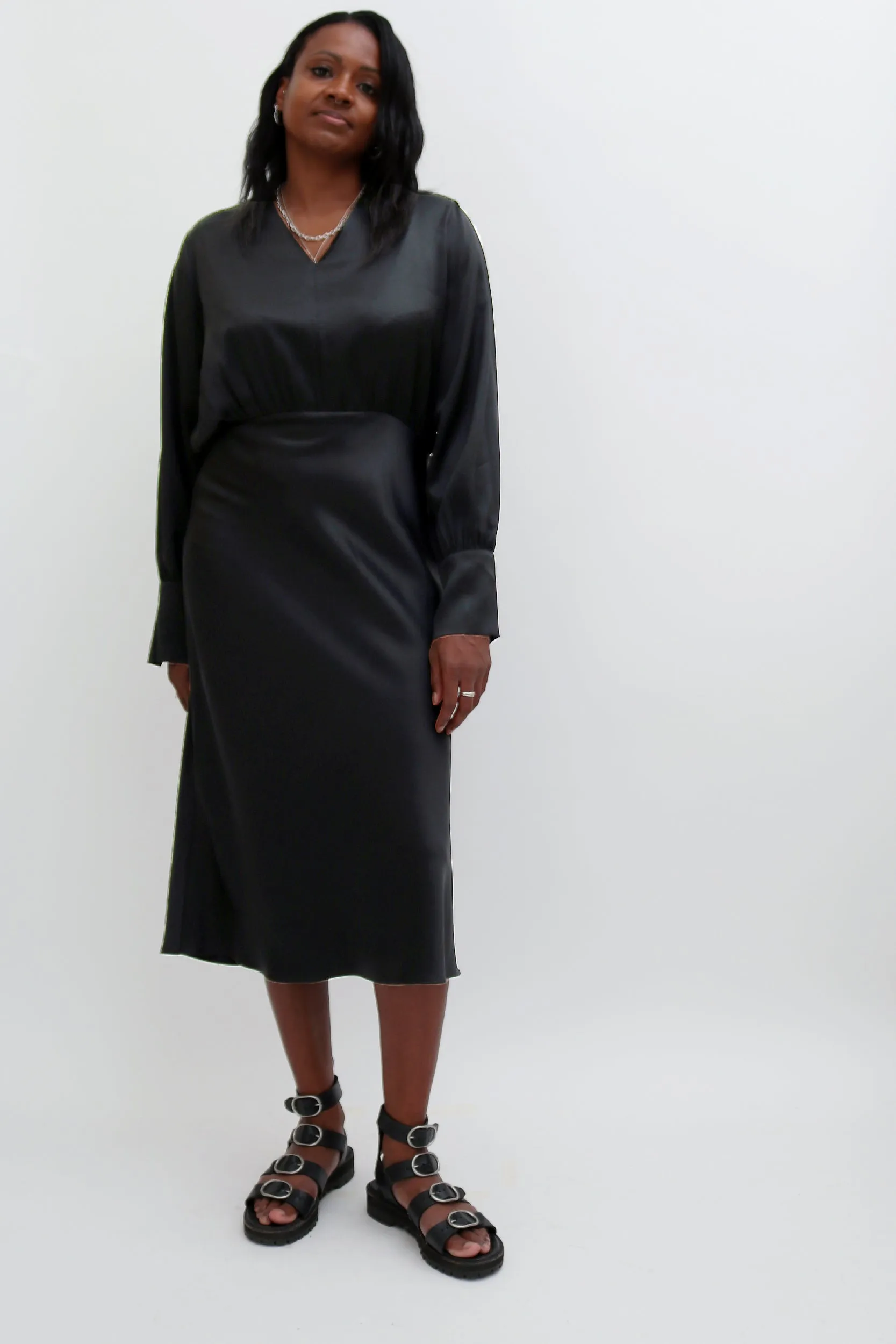 RENT: SAMSØE SAMSØE BLACK SATIN MIDI DRESS — from £32.25 per week