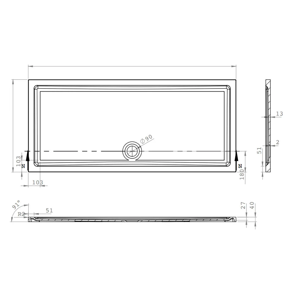 Roman Stone Solid Surface Anti Slip Shower Tray - 1300 x 800 x 40mm