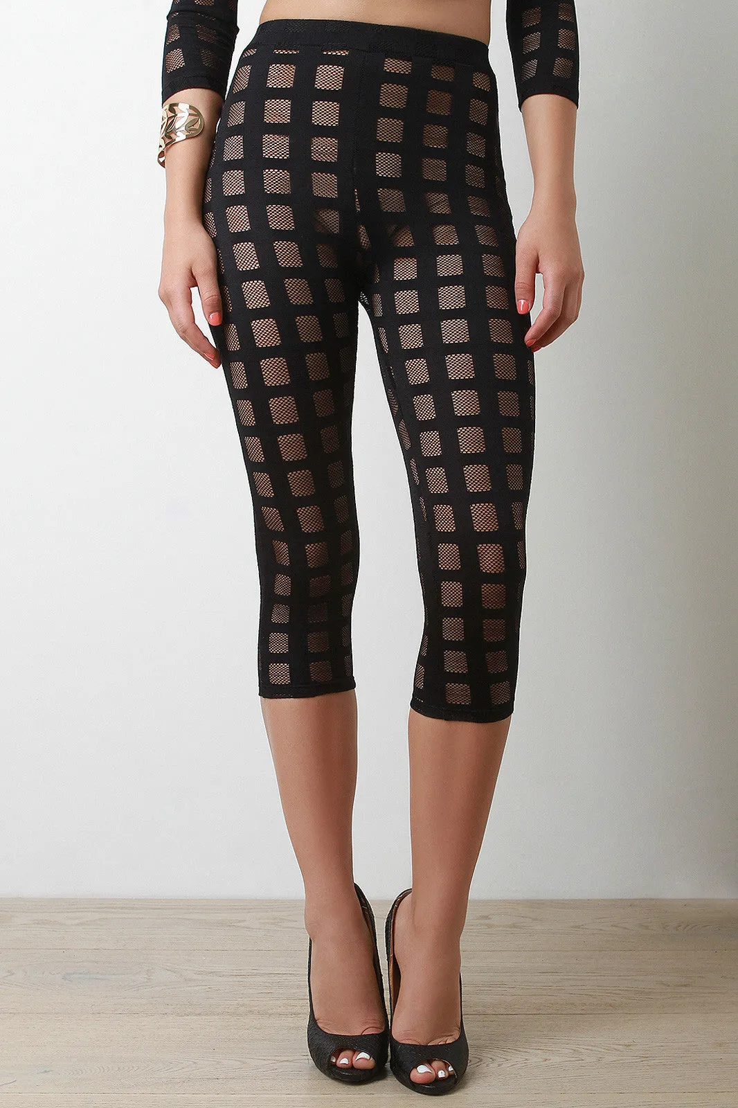 Semi-Sheer Fishnet Grid Capri Leggings