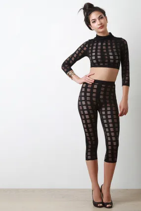 Semi-Sheer Fishnet Grid Capri Leggings