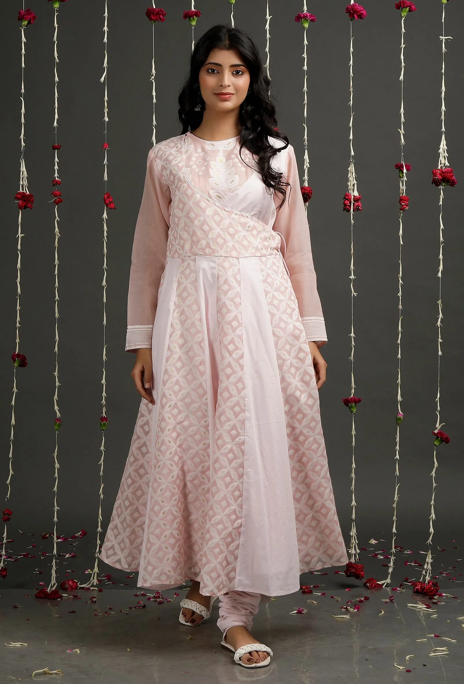 Set Of 2: Pearl Pink Floral Jamdani Angrakha Kurta Dress With Pink Churidar Pants