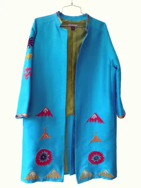 Silk Vintage Suzani Open Tunic Cocktail Coat Turquoise