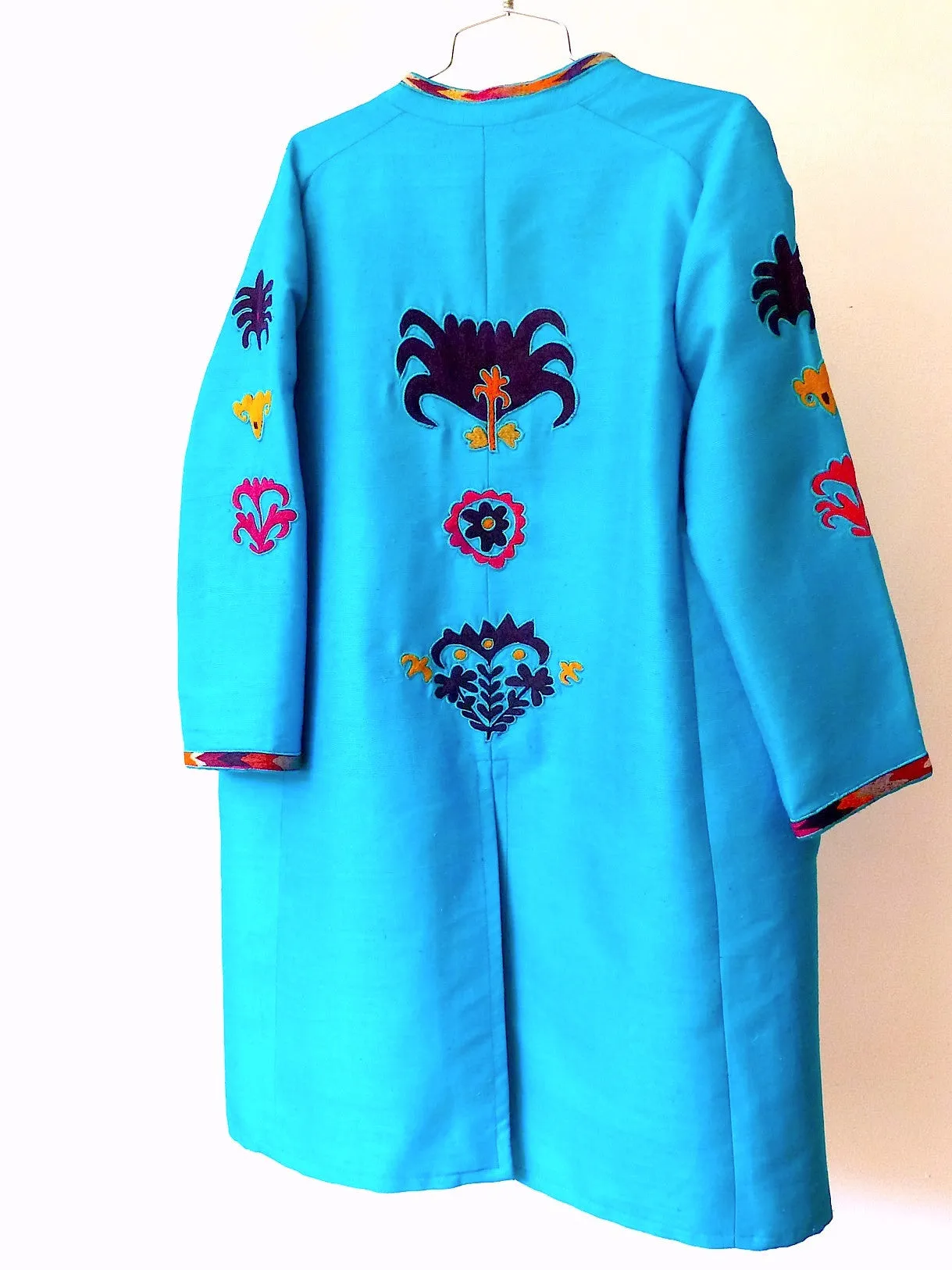 Silk Vintage Suzani Open Tunic Cocktail Coat Turquoise