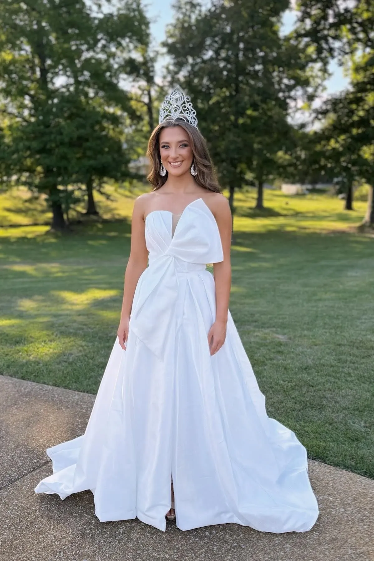 Strapless White A-line Long Formal Dress with Bow