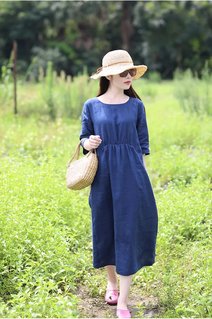 Summer new travel art linen mid-sleeve dress CYM371