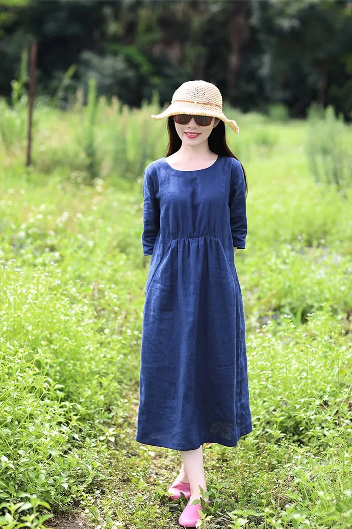 Summer new travel art linen mid-sleeve dress CYM371