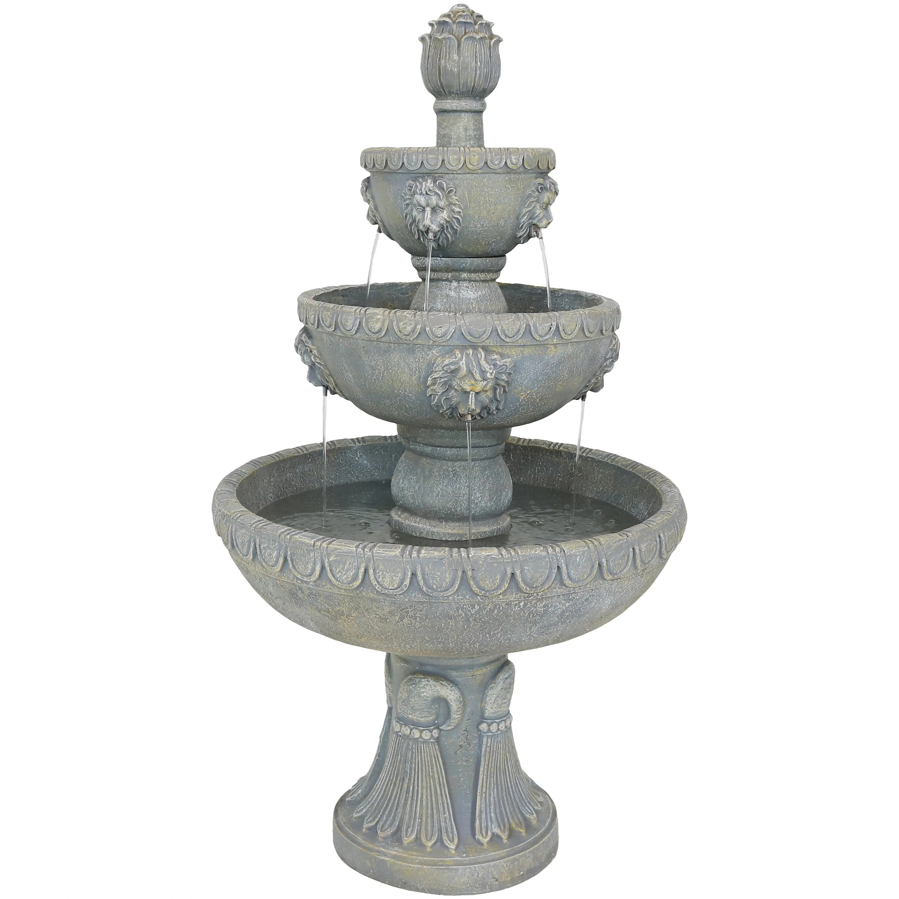 Sunnydaze 4-Tier Lion Head Outdoor Water Fountain with Electric Pump