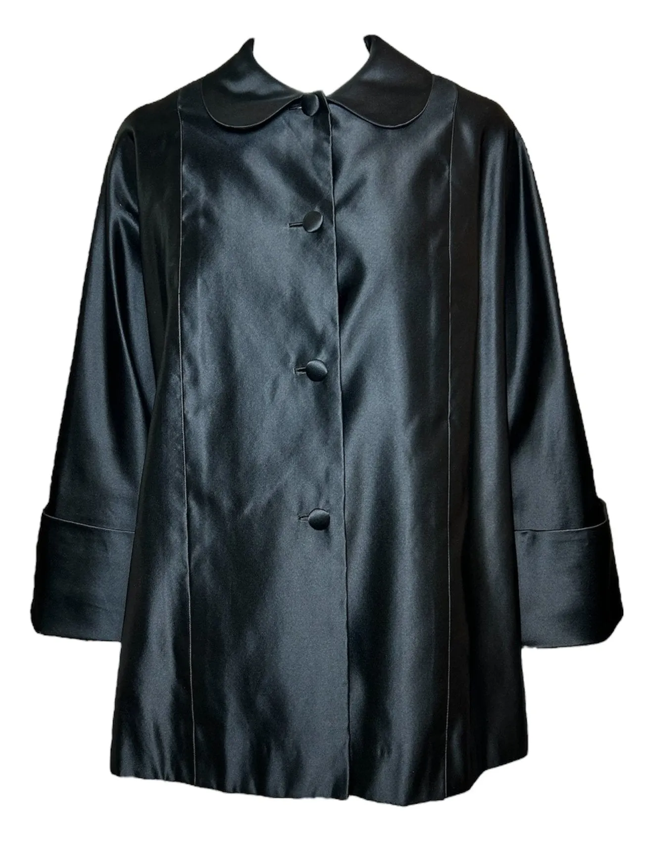 Traina-Norell 1950s Black Silk Satin Swing-Coat