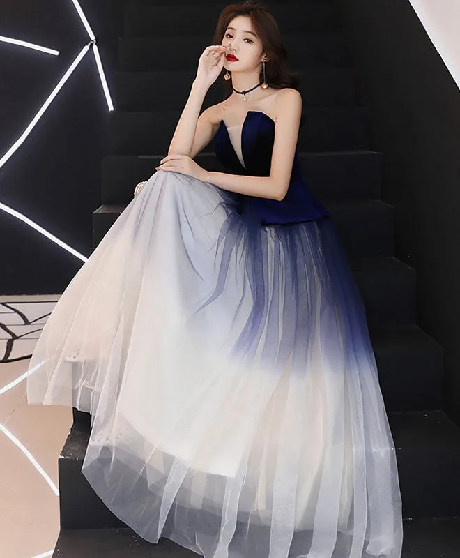 Unique Tulle Dark Blue Long Prom Dress, Tulle Evening Dress