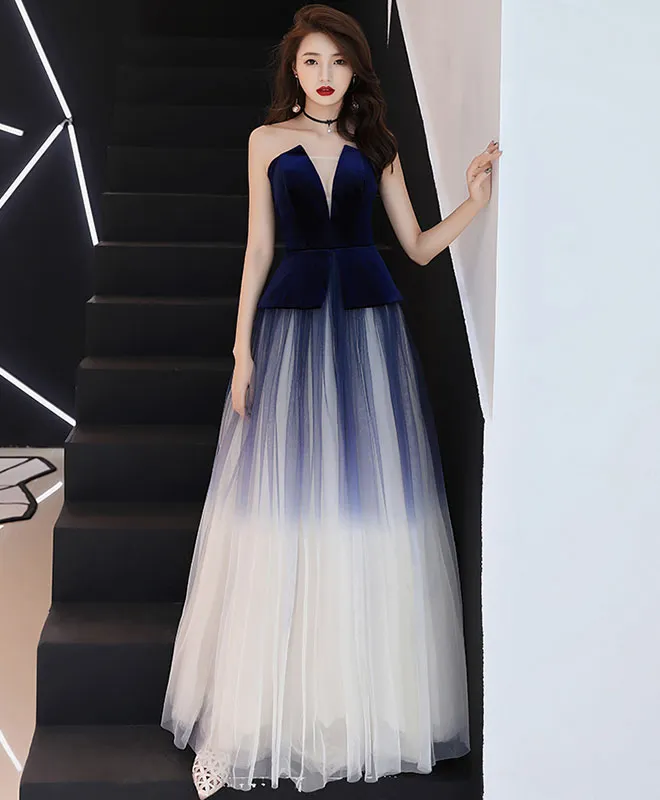 Unique Tulle Dark Blue Long Prom Dress, Tulle Evening Dress