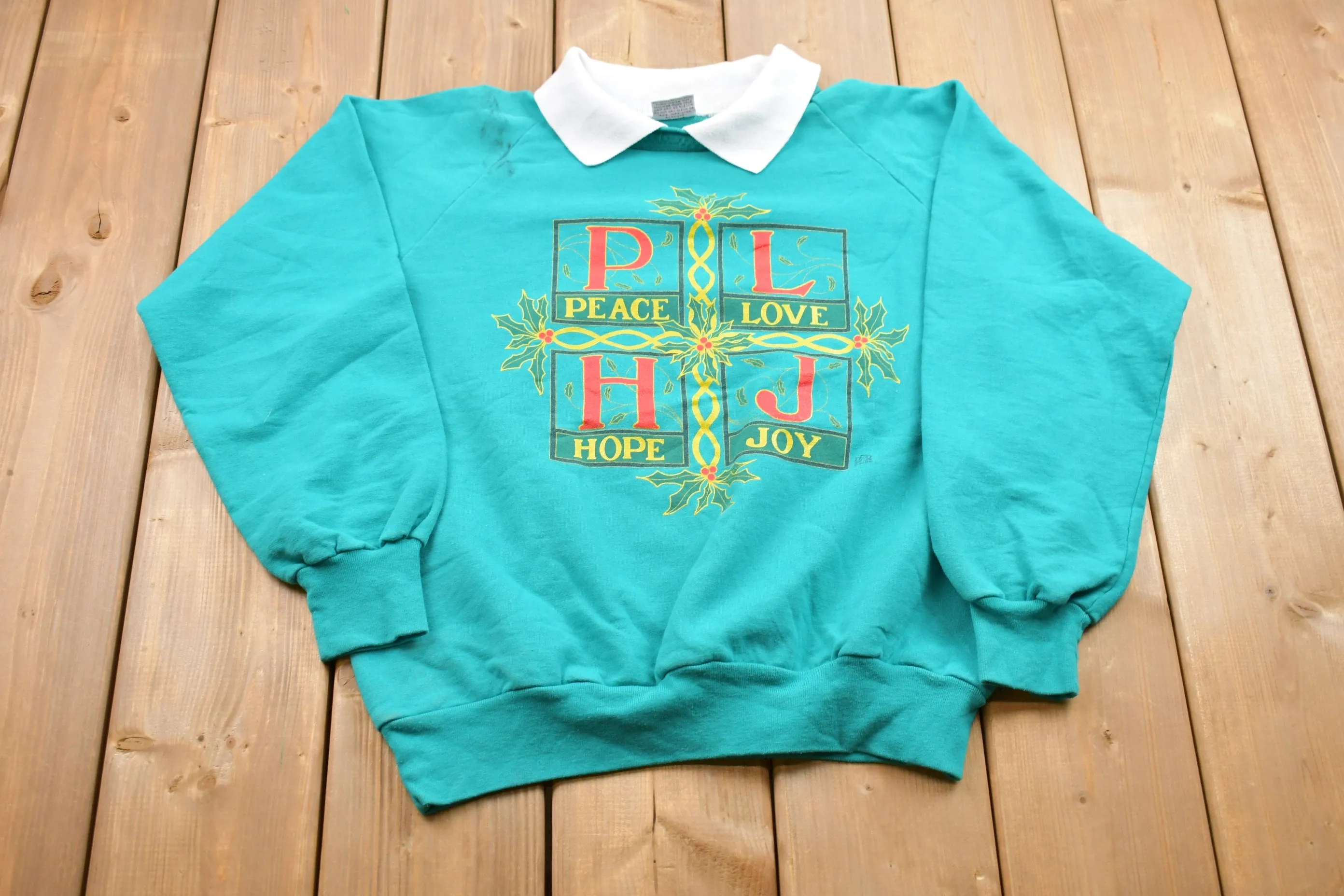 Vintage 1990s Rich Tees Sportswear Peace Love Hop Joy Graphic Collared Sweatshirt