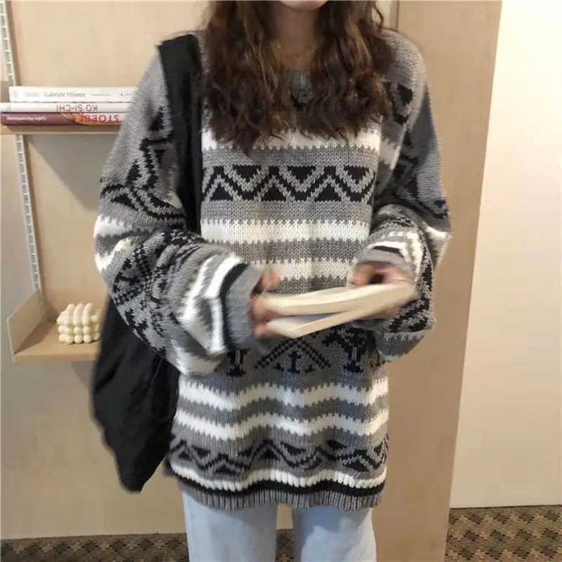 Vintage Pullover Women Sweater Casual O Neck Striped Knitted Jumper Korean Thick Loose Student All Match Winter Tops New