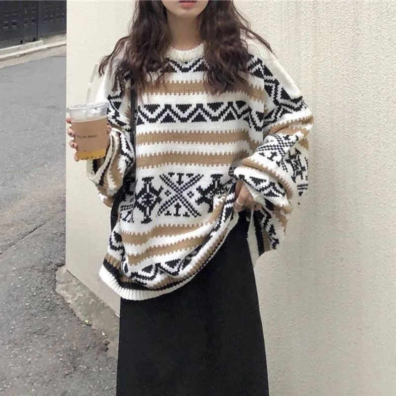 Vintage Pullover Women Sweater Casual O Neck Striped Knitted Jumper Korean Thick Loose Student All Match Winter Tops New