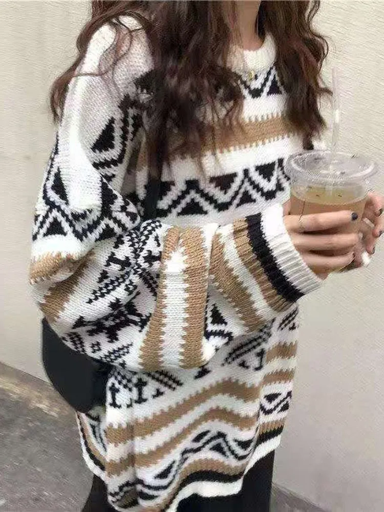 Vintage Pullover Women Sweater Casual O Neck Striped Knitted Jumper Korean Thick Loose Student All Match Winter Tops New