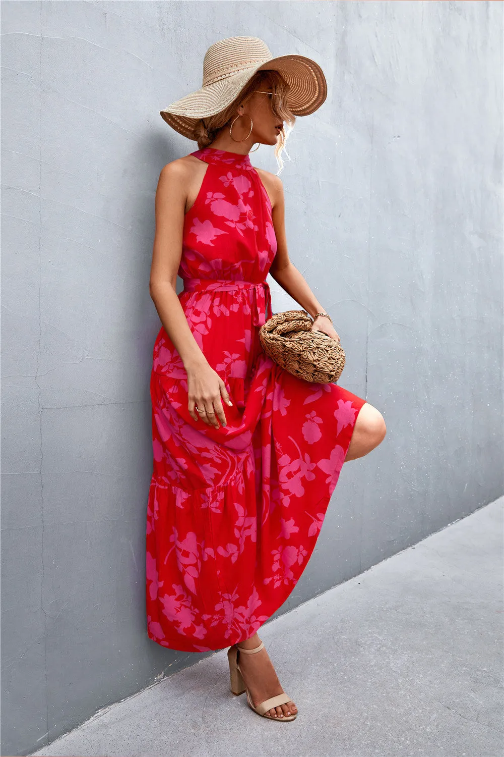 Wedding Guests / Printed Sleeveless Tie Waist Maxi Dress